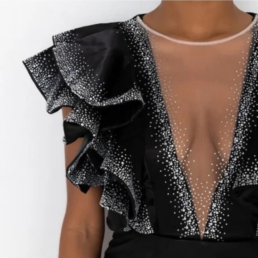 AKIRA deep V Faux leather sparkling Dress